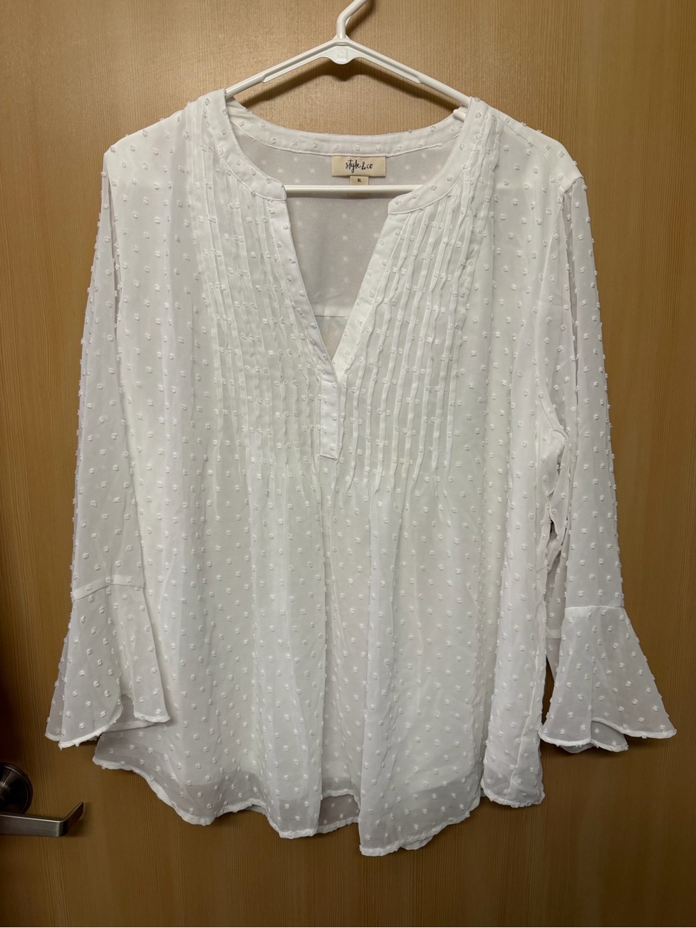 Style & Co. White Swiss Dot Pintuck Split-Neck Tunic